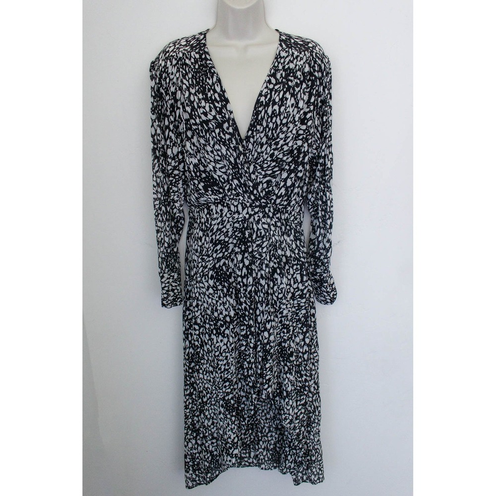 The Kooples Dress Medium 2 Black White Animal Print Midi High Low Hem Faux Wrap